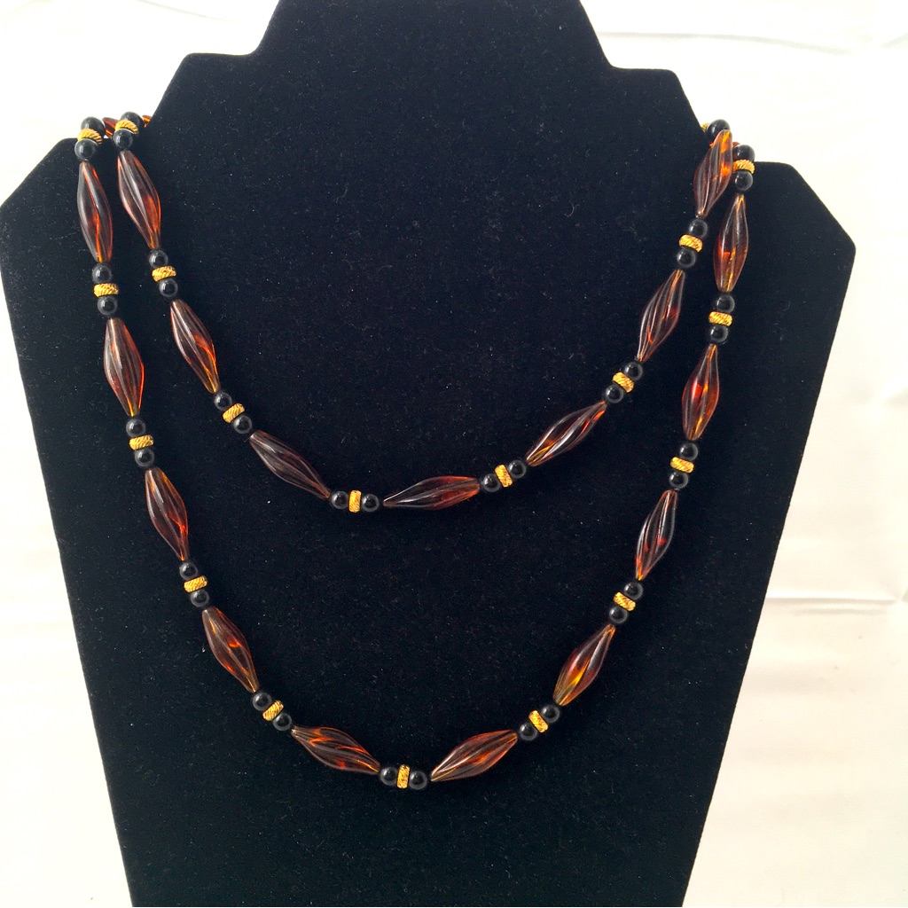 Vintage Root Beer Lucite Beaded Necklace With Gold Metal Accents